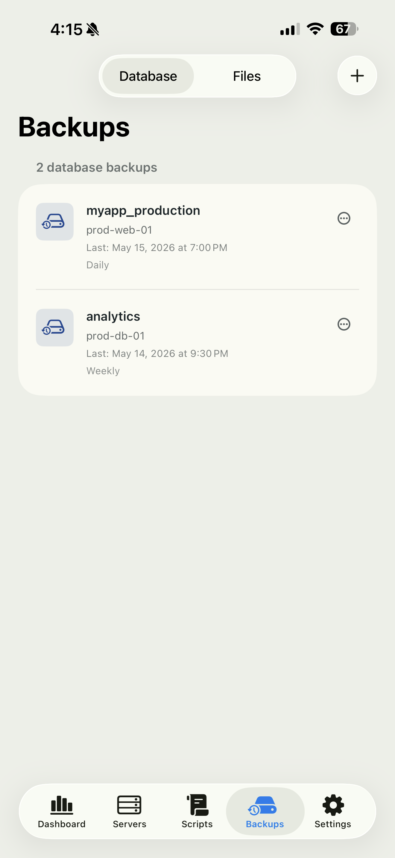 Helm backups screen showing database backup schedules