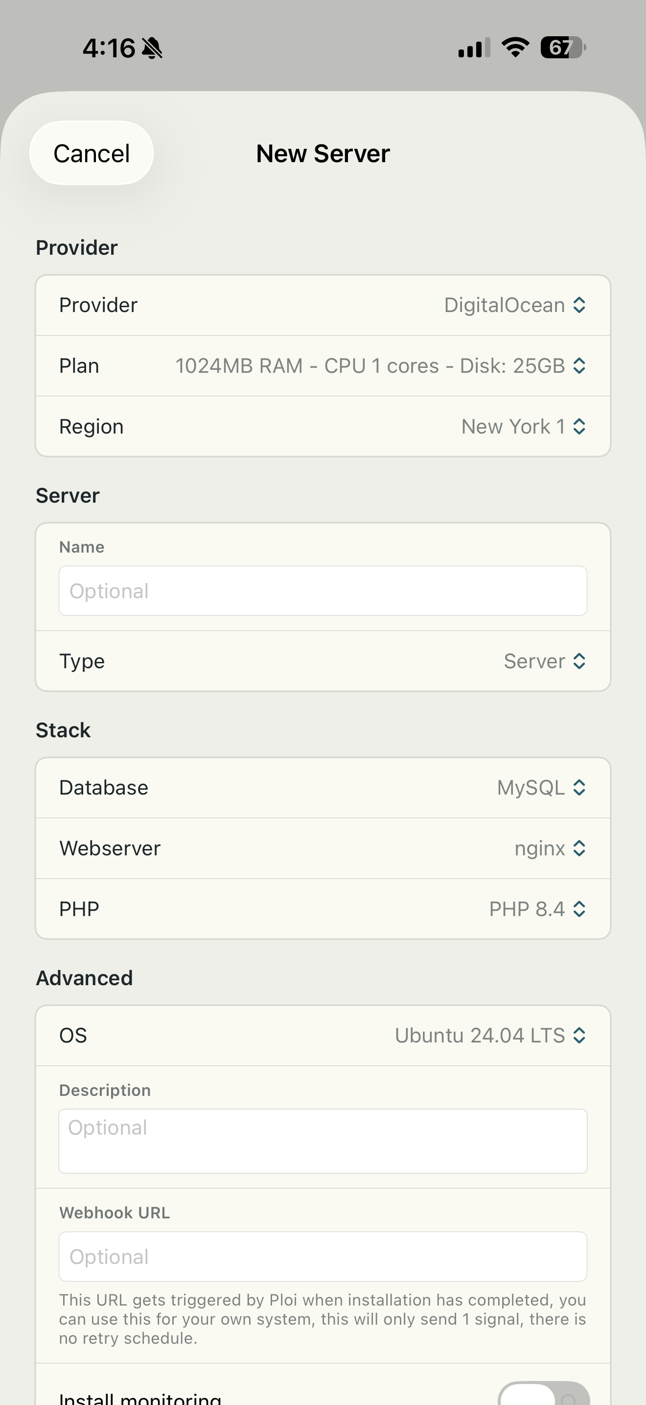 Helm new server form with provider, plan, region, stack, and advanced options